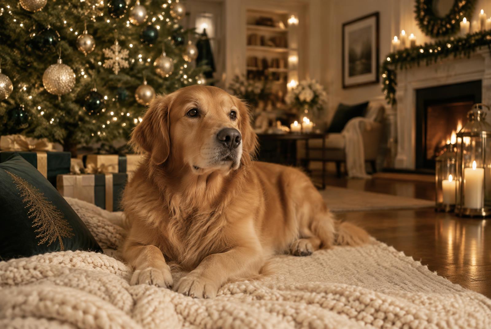 Golden retriever resting beside a decorated Christmas tree in a family living room